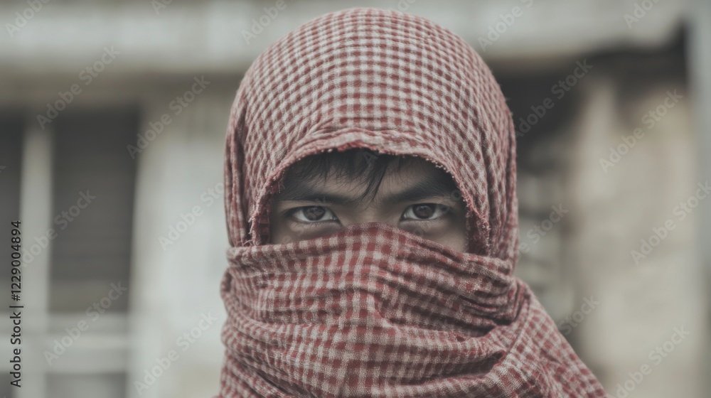 Close-up portrait of a child's intense gaze, partially obscured by a red and white checkered headscarf. Close-up portrait of a child's intense gaze, partially obscured by a red and white checkered headscarf.