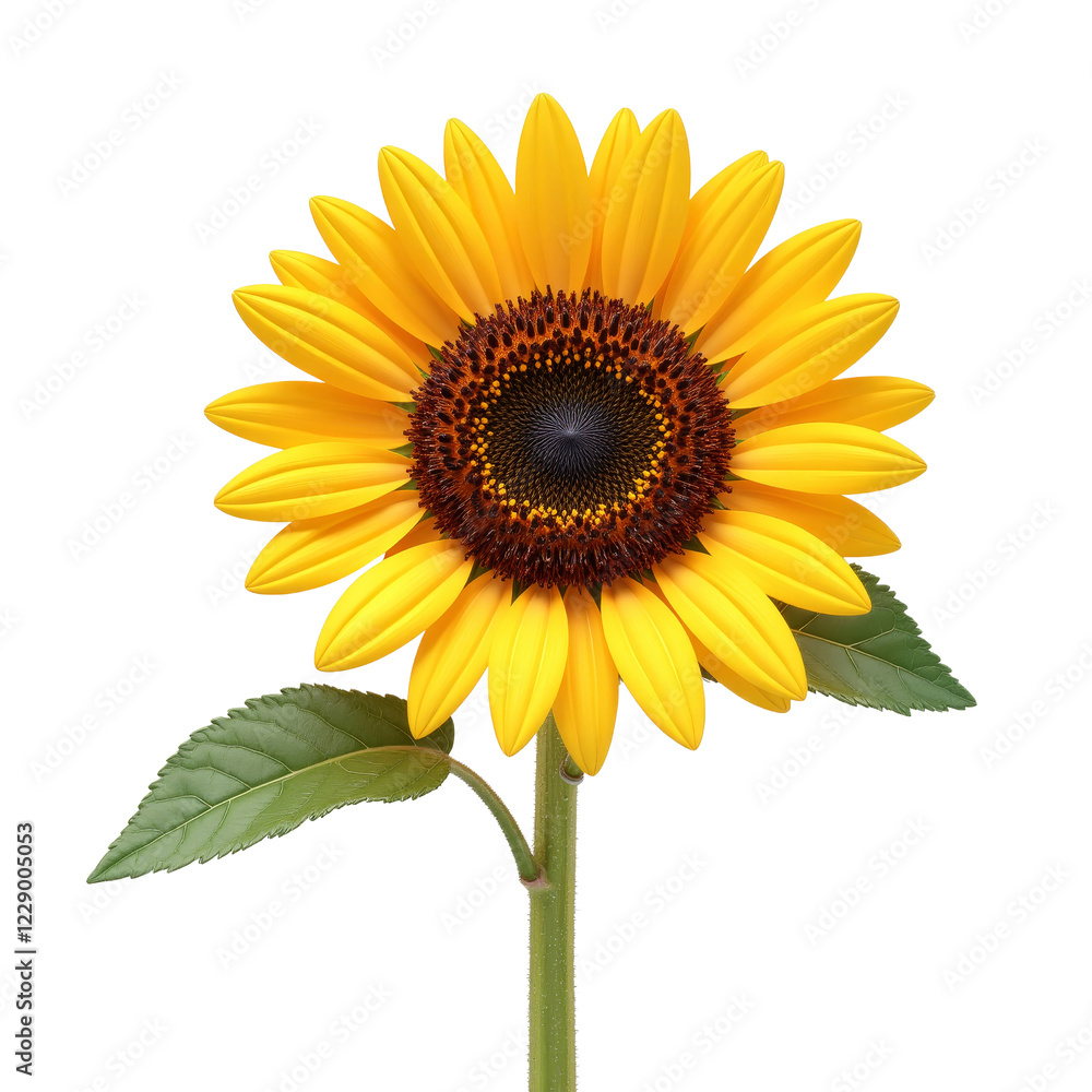 Naklejka premium Sunflower Blooming with Bright Yellow Petals and Green Leaves