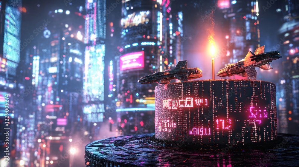 Futuristic cyberpunk cityscape backdrop with a birthday cake decorated with spaceships and a burning candle. Futuristic cyberpunk cityscape backdrop with a birthday cake decorated with spaceships and a burning candle.
