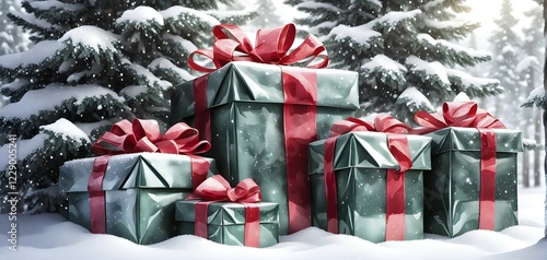 Abstract illustration of wrapped Christmas gifts, shiny ribbons and bows, stacked under a snow-dusted evergreen tree in a snowy outdoor setting, AI generated