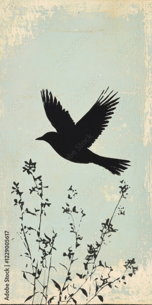 Naklejka premium Silhouette Bird in Flight, Floral Design