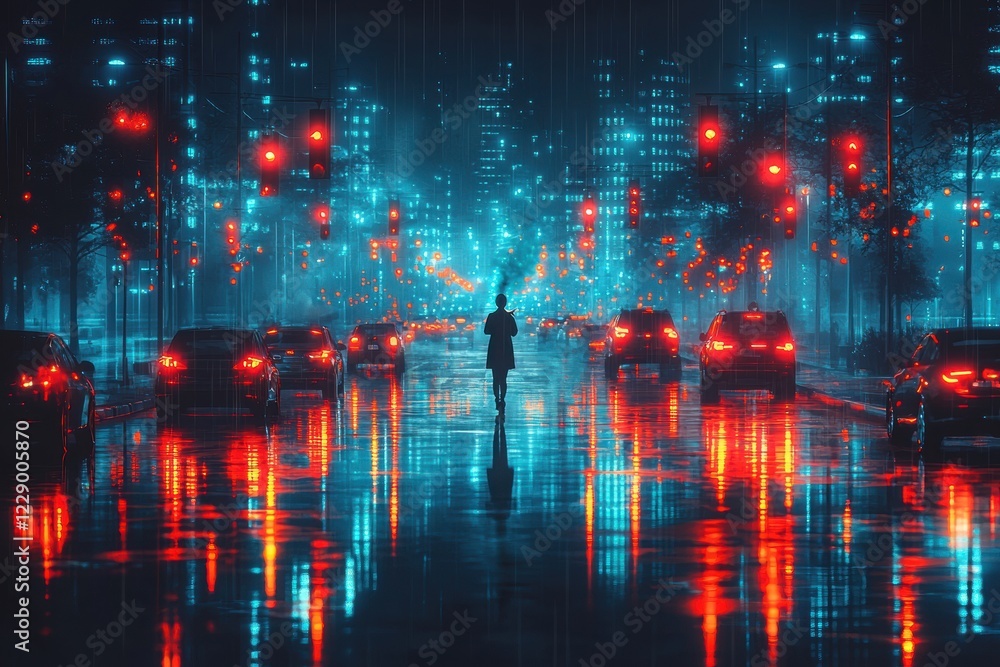 Fototapeta premium A lone figure stands in a vibrant, rain-soaked city street illuminated by colorful lights and traffic, creating a futuristic urban atmosphere.