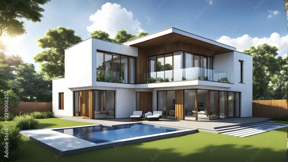 Fototapeta premium Three dimensional render of a modern ecological real estate residential house, AI gnerated, AI generated