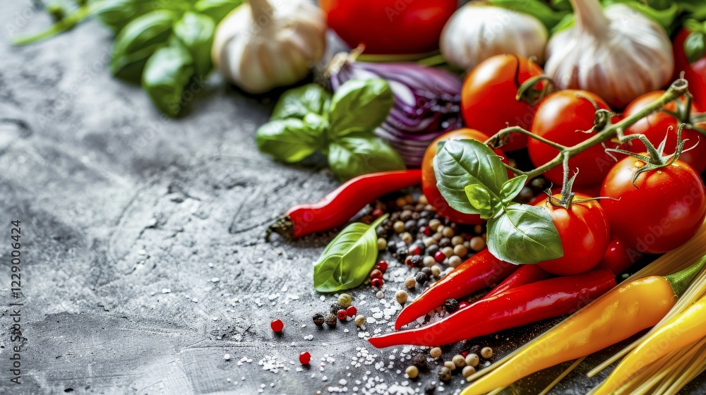 Raw ingredients like tomatoes, basil, garlic, and chili peppers on a rustic gray background, AI generated