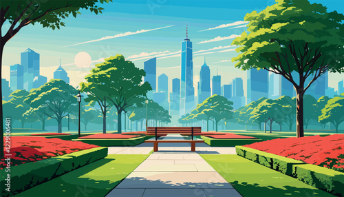Urban Park with Benches and City Skyline