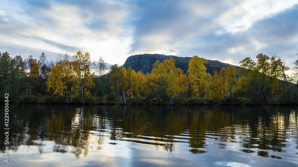 Fototapeta premium Autumn landscape, Kvikkjokk Delta, mirroring in the Tarraätno River, Sarek National Park, Norrbottens, Norrbottens län, Laponia, Lapland, Sweden, Europe