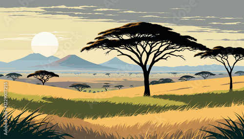 Serene African Savanna with Acacia Trees at Sunset