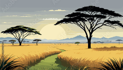 Serene African Savanna with Acacia Trees at Sunset