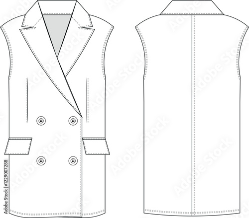with ticket pockets collared double breasted  buttoned h line sleeveless loose vest waistcoat jacket template technical drawing flat sketch cad mockup fashion woman design style model 
