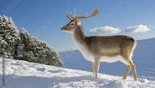 Fototapeta Naklejka Na Ścianę i Meble -  AI generated, animal, animals, mammal, mammals, biotope, habitat, one, individual animal, foraging, wildlife, fallow deer (Dama dama), snow, ice, winter landscape, winter