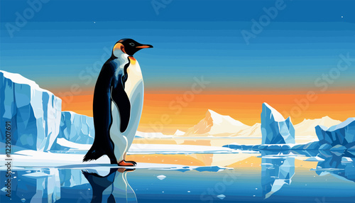Penguin Standing on Iceberg in Arctic Landscape