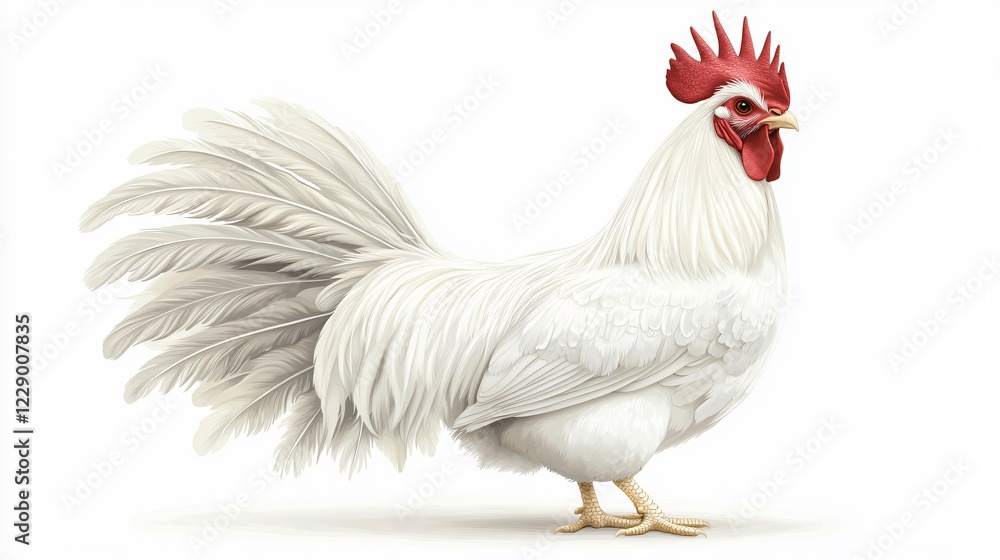 Fototapeta premium Majestic White Rooster with Full Fluffy Tail Isolated on White Background