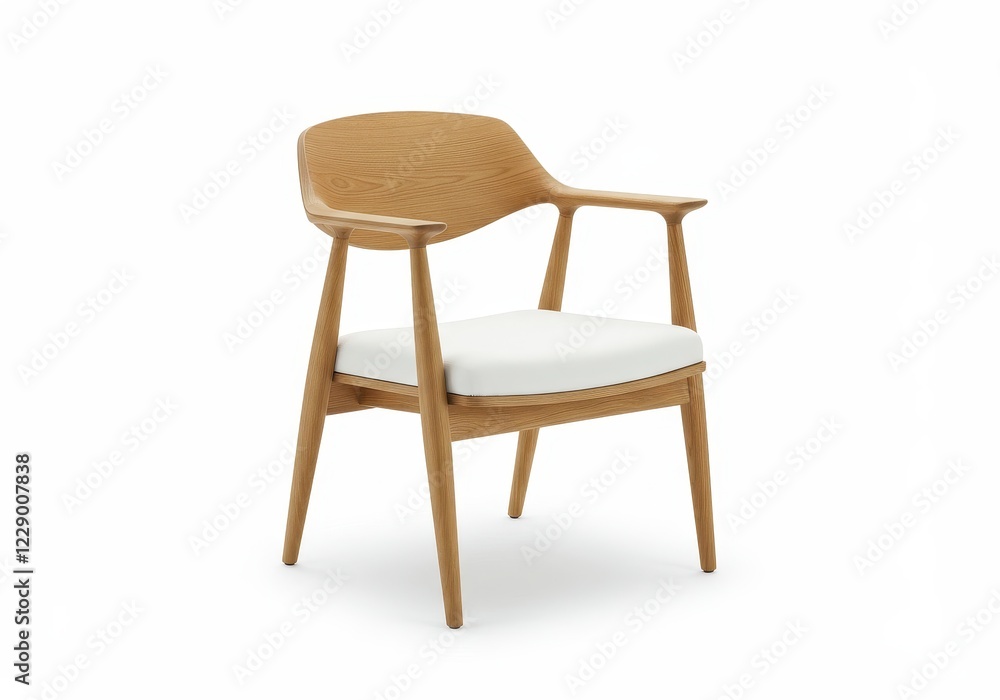 A stylish modern wooden chair with curved armrests and a white cushioned seat isolated on a white background A stylish modern wooden chair with curved armrests and a white cushioned seat isolated on a white background