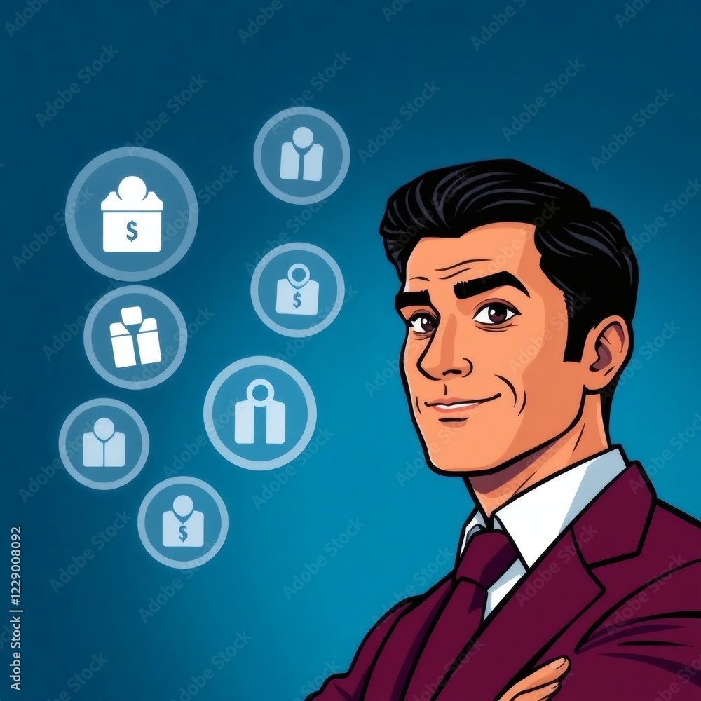 Businessman showcasing successful networking strategies in a modern digital setting with professional visuals Businessman showcasing successful networking strategies in a modern digital setting with professional visuals
