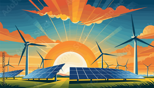  Solar Panels and Wind Turbines at Sunset