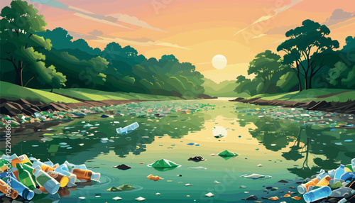 Polluted River with Plastic Waste at Sunset