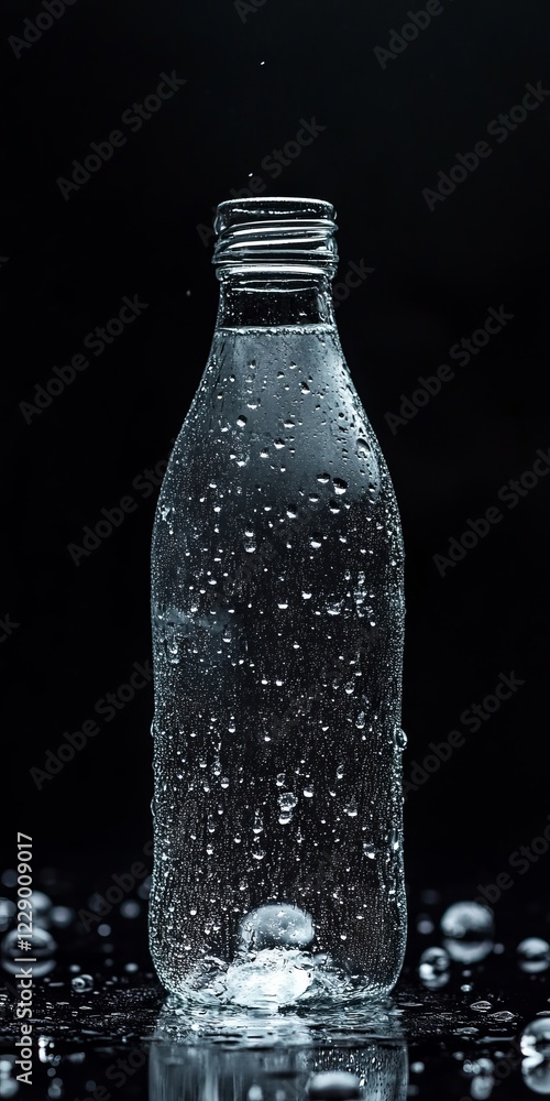 Transparent water bottle with droplets on a dark background, highlighting freshness and simplicity. Transparent water bottle with droplets on a dark background, highlighting freshness and simplicity.