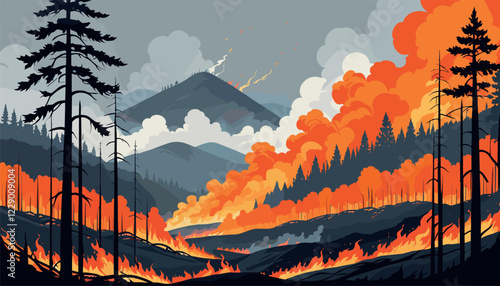 Intense Wildfire Spreading Through Forested Valley