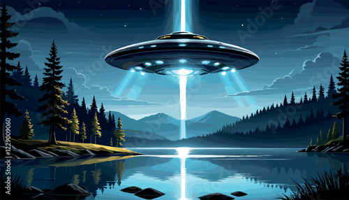 UFO Hovering Over Mountain Lake at Night