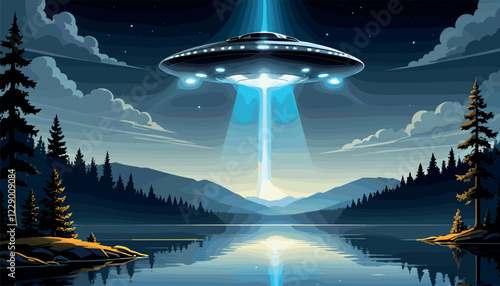 UFO Hovering Over Mountain Lake at Night