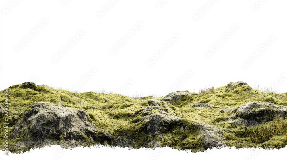 Lush Green Landscape with Rocky Terrain and Soft Grass Under Bright White Sky Lush Green Landscape with Rocky Terrain and Soft Grass Under Bright White Sky