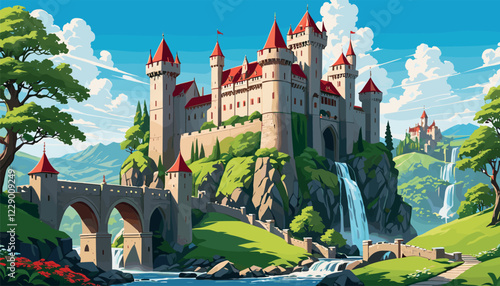 Majestic Castle on Rocky Hill with Waterfall
