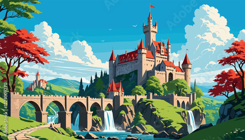 Majestic Castle on Rocky Hill with Waterfall