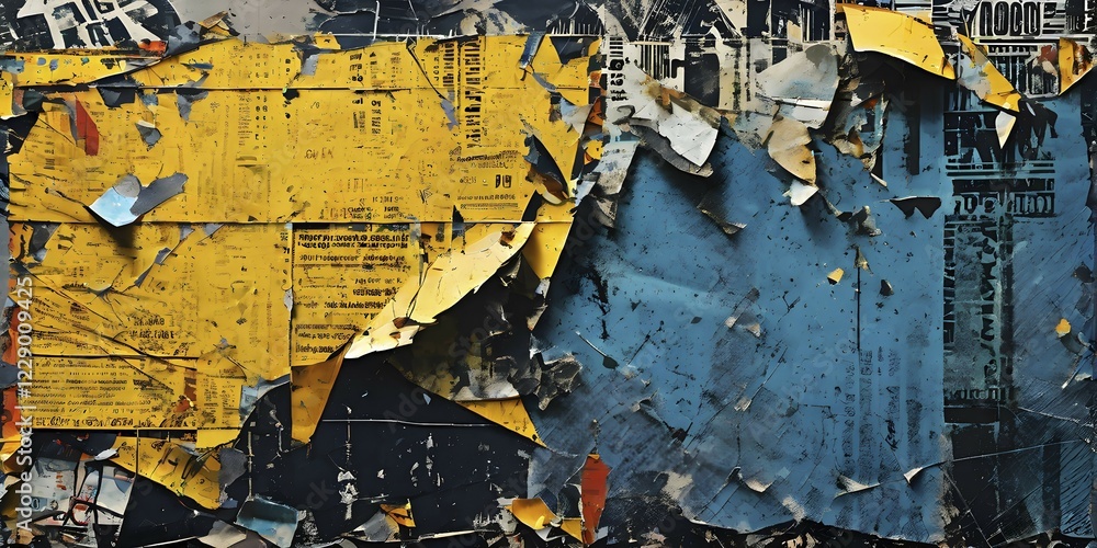 Fototapeta premium Vintage style collage featuring textured grunge posters in hues of black, blue and yellow, AI generated