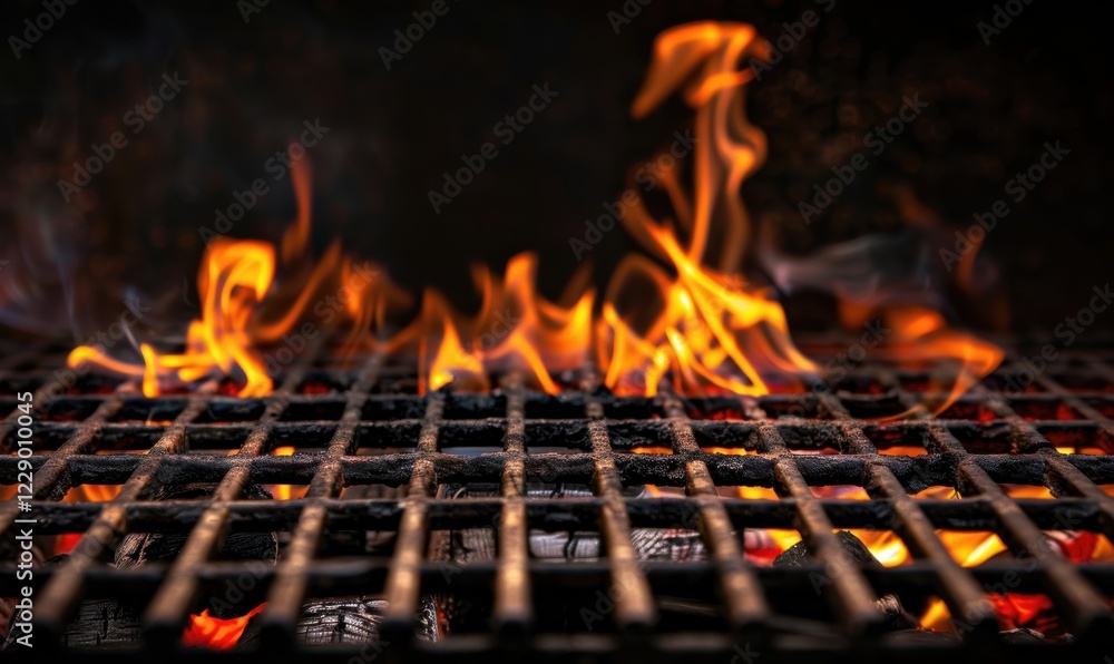 Flames flicker brightly on an empty grill, casting a warm glow on the black background, ready for the next cookout. Flames flicker brightly on an empty grill, casting a warm glow on the black background, ready for the next cookout.
