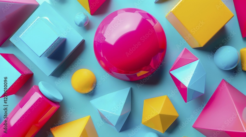 Playful and vibrant abstract design with colorful 3D geometric shapes in pink, blue, and yellow creating a lively visual, AI generated Playful and vibrant abstract design with colorful 3D geometric shapes in pink, blue, and yellow creating a lively visual, AI generated