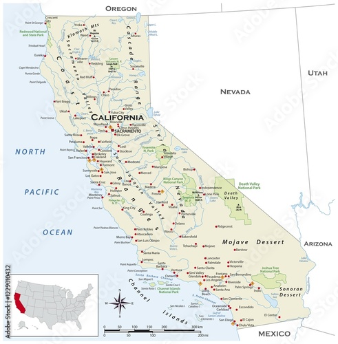 Highly detailed physical map of the US state of California