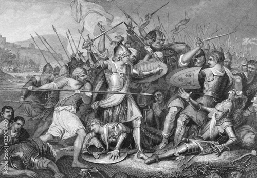 Battle of Agincourt in 1415 on engraving from the 1800s. Major English victory against a numerically superior French army in the Hundred Years War. Engraved by J.Rogers after a painting by J.H.Mortimer and published by J.& F.Tallis
