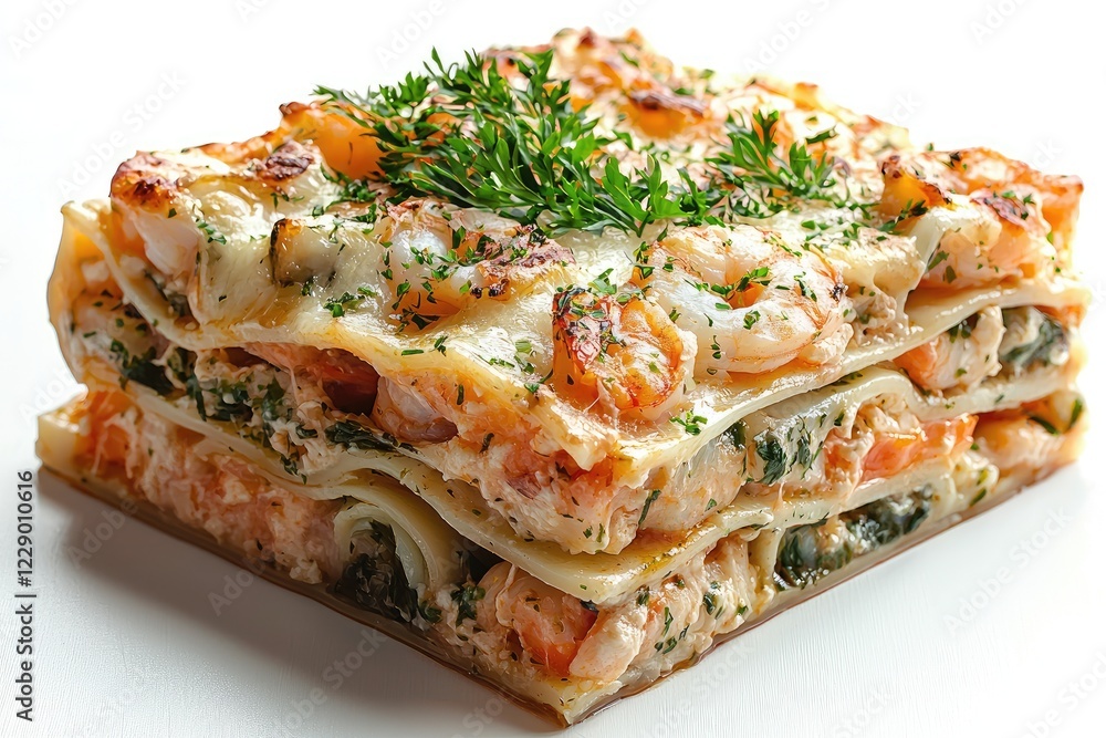 Delicious Creamy Shrimp and Spinach Lasagna Gourmet Italian Cuisine Food Photography Delicious Creamy Shrimp and Spinach Lasagna Gourmet Italian Cuisine Food Photography