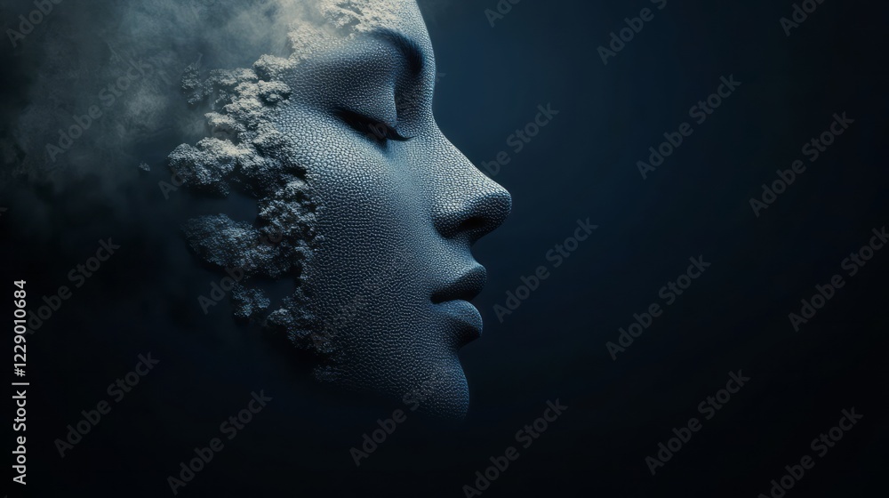 A side profile of an enigmatic figure with skin made from ice, their face partially obscured by fog. Dark background. The icy texture and cold blue tones create a sense of mystery in the composition. A side profile of an enigmatic figure with skin made from ice, their face partially obscured by fog. Dark background. The icy texture and cold blue tones create a sense of mystery in the composition.