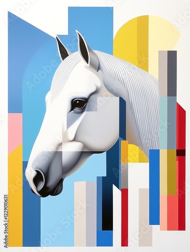 Stylized portrait of a white horse against a colorful abstract background with geometric shapes