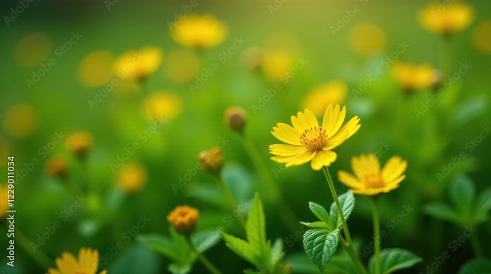 Obraz premium Vibrant Yellow Blossoms in a Lush Green Meadow, a Close-Up View of Delicate Petals and Gentle Sunlight Illuminating the Scene