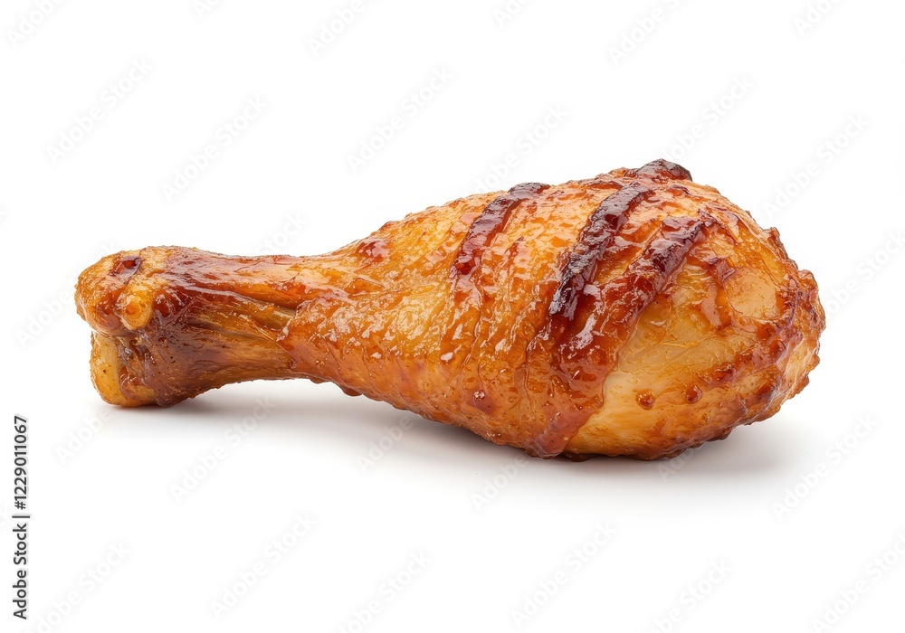 A single glazed barbecue chicken drumstick with a crispy outer texture isolated on a white background A single glazed barbecue chicken drumstick with a crispy outer texture isolated on a white background