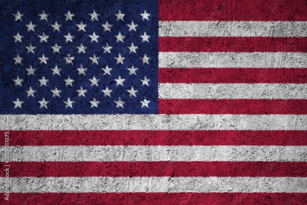 Fototapeta premium American flag painted on a rough concrete surface with stars and stripes, United States Flag