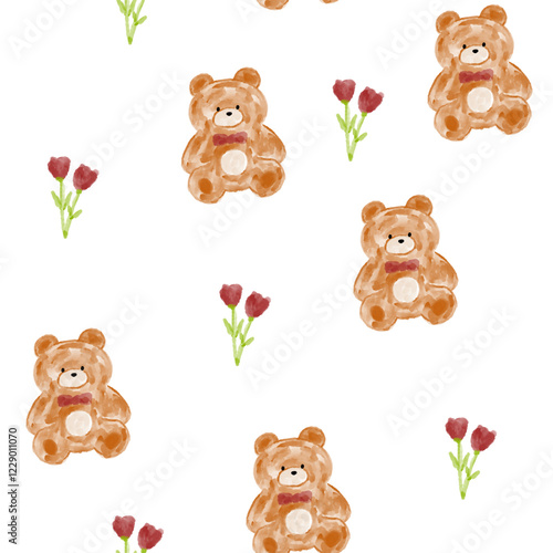 Watercolor teddy bear with flowers red rose, cute hand drawn baby animals seamless pattern.