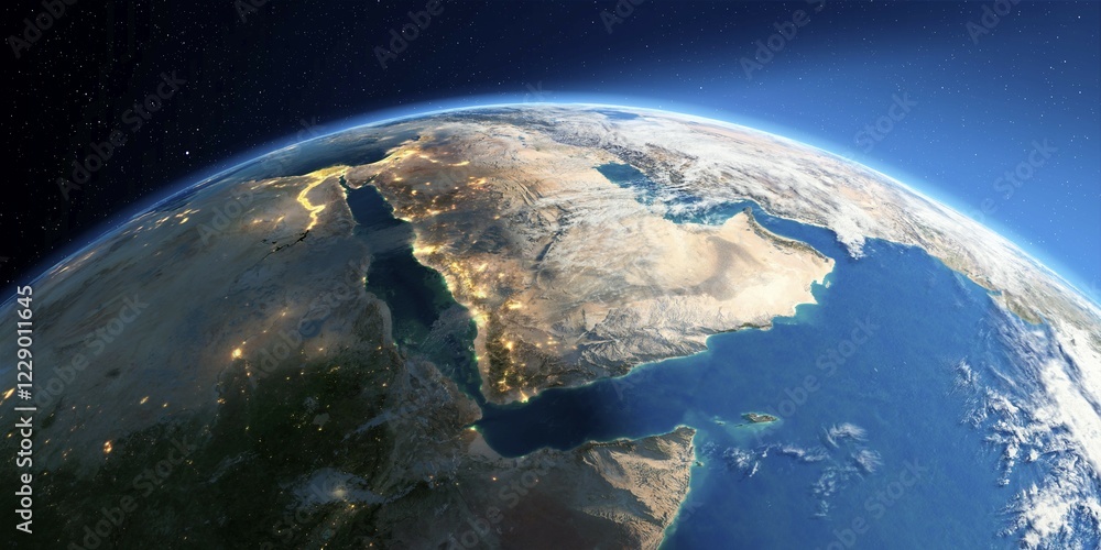 custom made wallpaper toronto digitalHighly detailed Earth with atmosphere, exaggerated relief and light-flooded cities. Transition from night to day. Saudi Arabia. 3D rendering. Elements of this image furnished by NASA