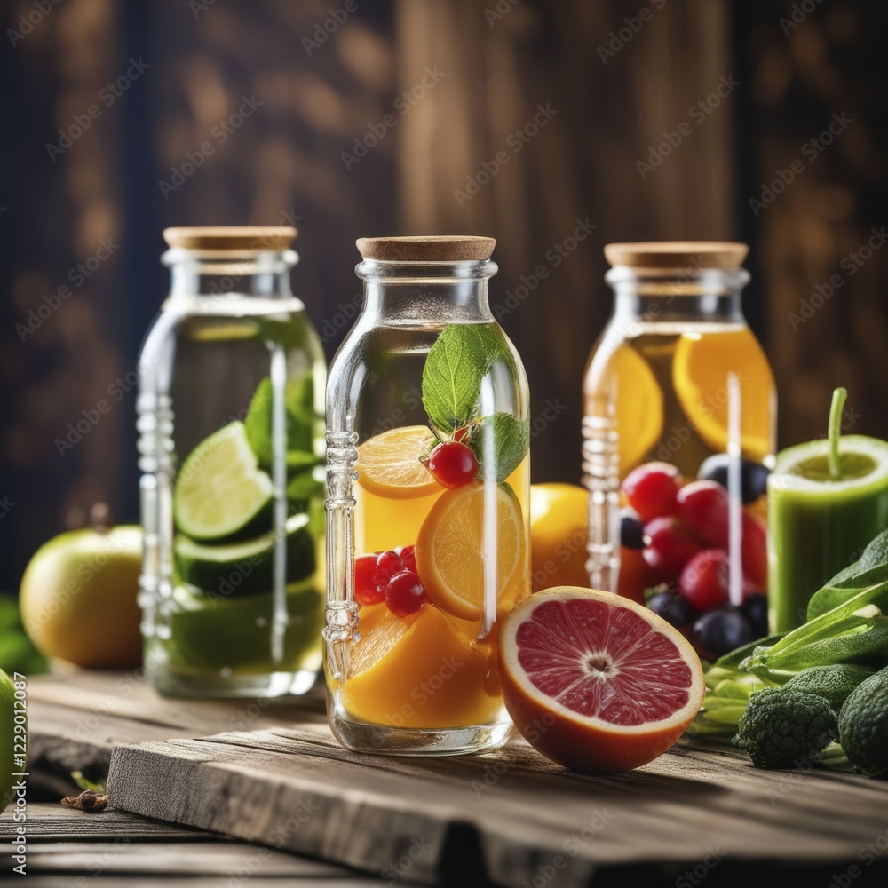Three bottles of fruit-infused water with lime, orange, and berries on a wooden table, evoking a rustic and refreshing atmosphere, AI generated Three bottles of fruit-infused water with lime, orange, and berries on a wooden table, evoking a rustic and refreshing atmosphere, AI generated