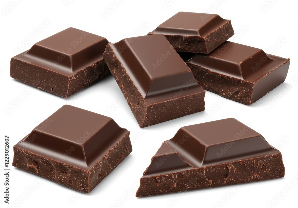 Several chunks of broken dark chocolate with sharp edges and a rough texture isolated on a white background Several chunks of broken dark chocolate with sharp edges and a rough texture isolated on a white background