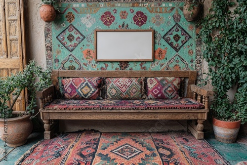 Wooden Bench with Colorful Pillows and Rugs in Rustic Setting photo