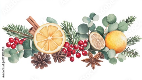 Wallpaper Mural Seasonal arrangement of citrus fruits, evergreen branches, and aromatic spices for festive decoration Torontodigital.ca