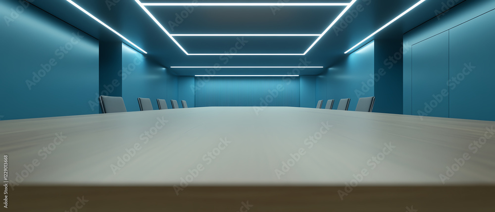 Fototapeta premium conference room blue background, wooden table, high-end chairs, and soft lighting