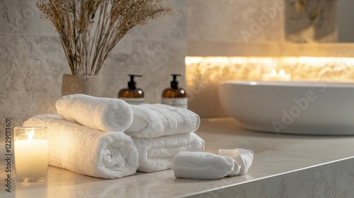 Luxurious spa atmosphere created by neatly stacked soft towels beside flickering candles and serene decor. Perfect for an afternoon of relaxation and self-care