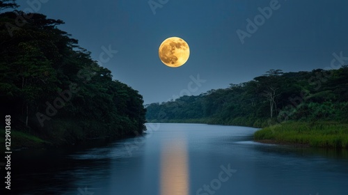 Night river scene illuminated by a large golden full moon.