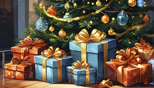 Abstract illustration of wrapped Christmas gifts, shiny ribbons and bows, stacked under a evergreen tree in a cozy living room, AI generated