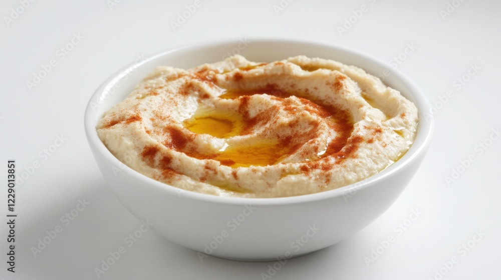 A minimalist bowl of plain hummus topped with a light drizzle of olive oil and a sprinkle of paprika, served in a simple white ceramic bowl, Hummus centered A minimalist bowl of plain hummus topped with a light drizzle of olive oil and a sprinkle of paprika, served in a simple white ceramic bowl, Hummus centered