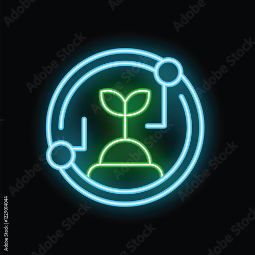 Glowing neon icon of a plant growing with digital technology connections, symbolizing innovation in agriculture